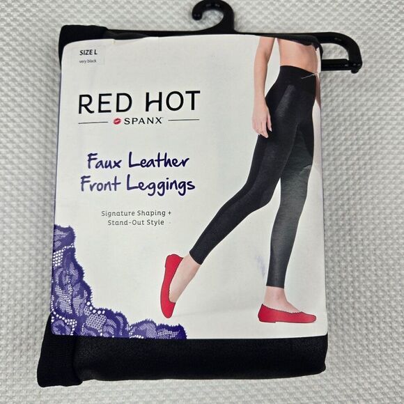 Red Hot Spanx Faux Leather Front Leggings Womens Size Large Black NEW - Picture 1 of 5